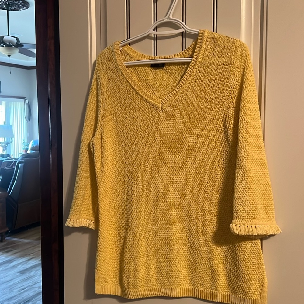 Talbotd Yellow V-Neck Sweater With Fringe Around Sleeves.   Flattering, Slimming
